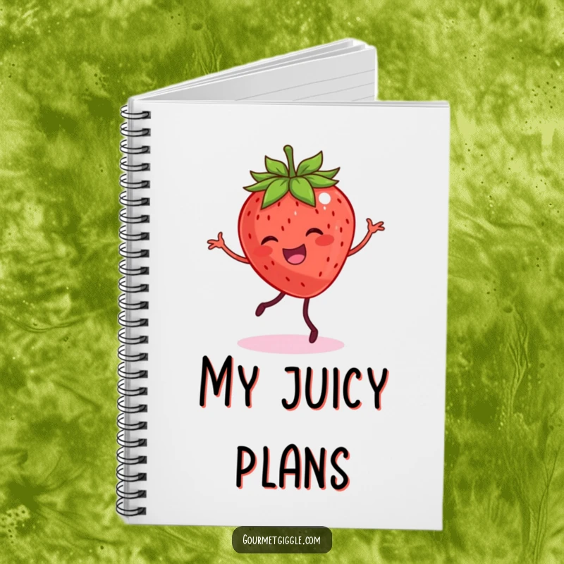 Funny notebook showing a smiling strawberry with legs dancing joyfully, ideal for notes and creative ideas.