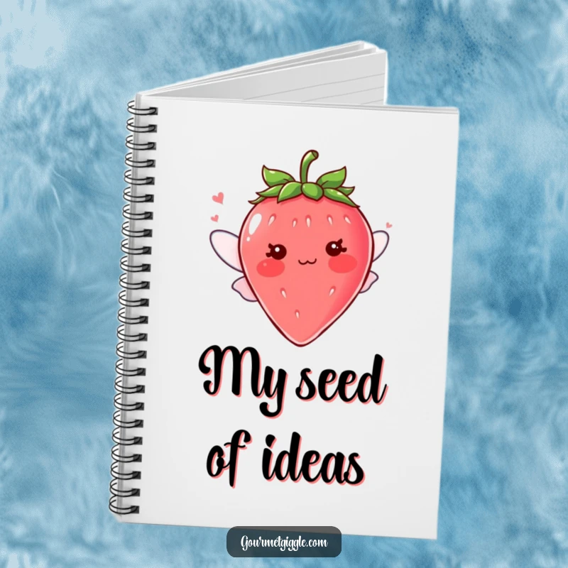 Funny blushing strawberry character with tiny fluttering wings on a notebook, cute stationery for writing, a perfect funny gift.