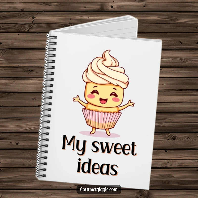 Funny cupcake notebook featuring a cheerful cupcake with frosting hair, joyfully doing a little jig for inspiration.