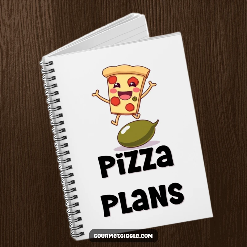Funny notebook with a grinning pizza slice leaping over a giant olive, ideal for capturing pizza-themed thoughts.