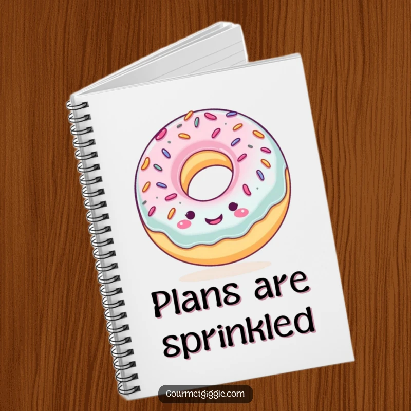 Funny notebook cover with a smiling donut with sprinkles, bouncing gleefully, designed for note-taking with a side of dessert-inspired fun.