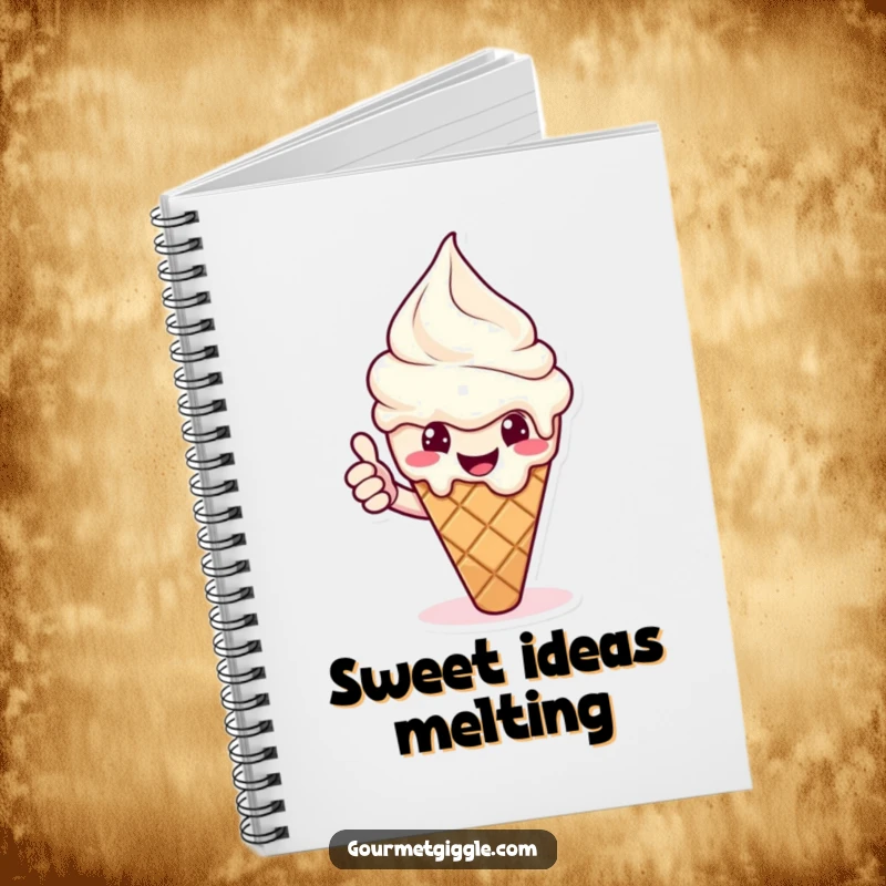 Funny ice cream notebook with a melting cone giving a cheerful thumbs up. Ideal for notes with a sweet and positive twist.