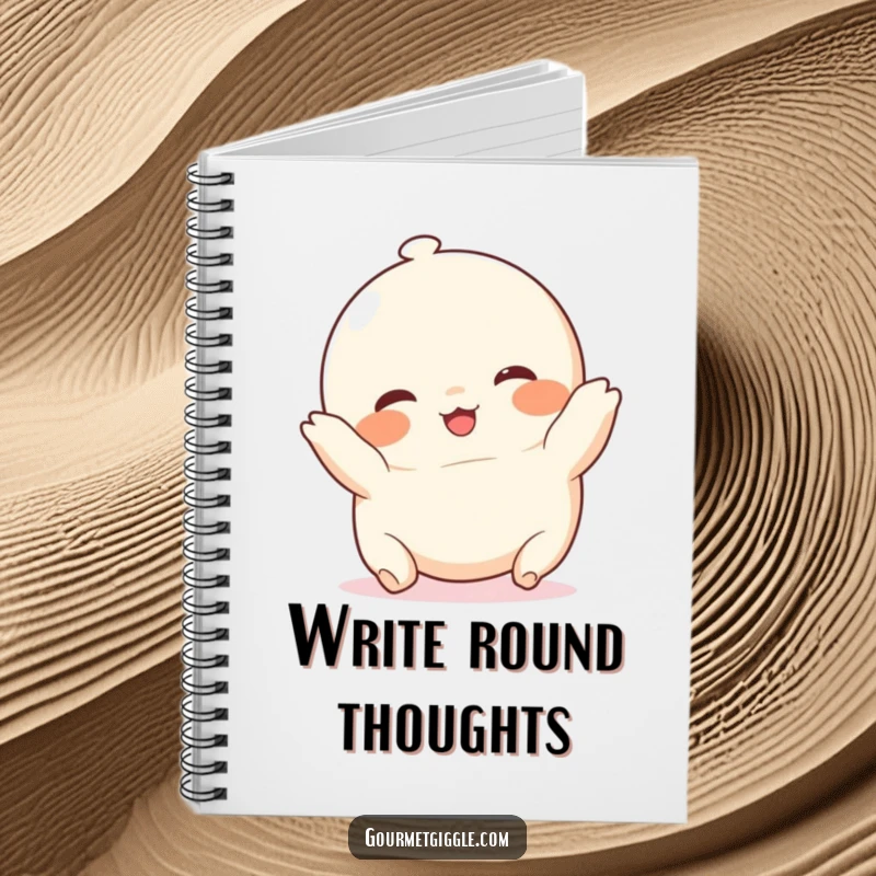 Funny chubby dumpling notebook, a charming, rosy-cheeked food character in a happy tumble, perfect for jotting down notes.