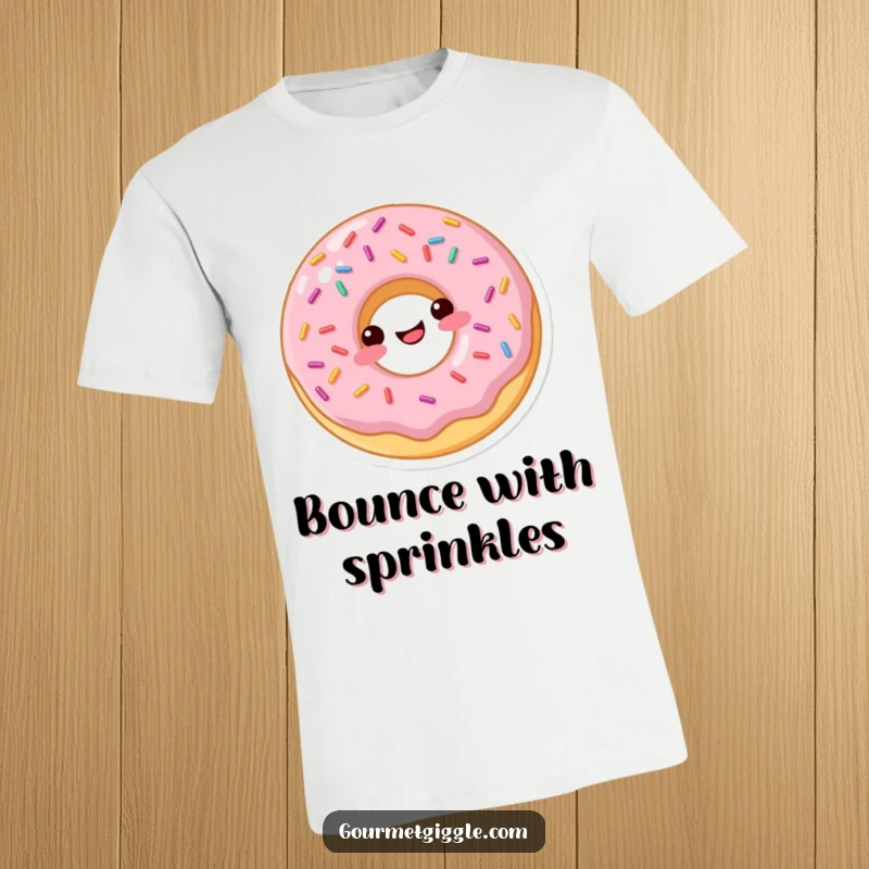Funny donut t-shirt showing a happy, sprinkled donut doing a playful bounce on its hole.
