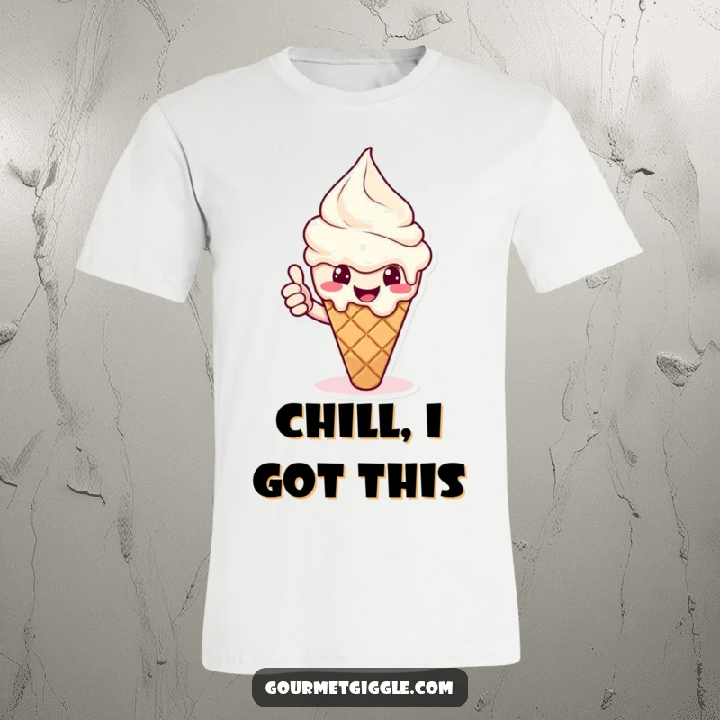 Funny ice cream t-shirt featuring a melting cone giving a cheerful thumbs up. Cool, sweet, and positive vibes.