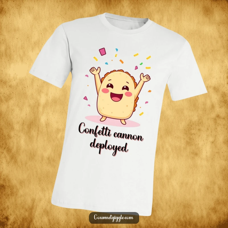 Funny taco t-shirt with arms joyfully throwing confetti, perfect for parties and spreading humorous, festive vibes.