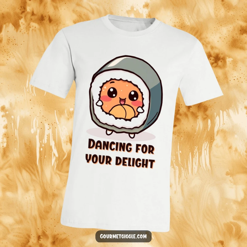 Funny delighted sushi roll with expressive eyes, joyfully dancing on a fun and stylish t-shirt.