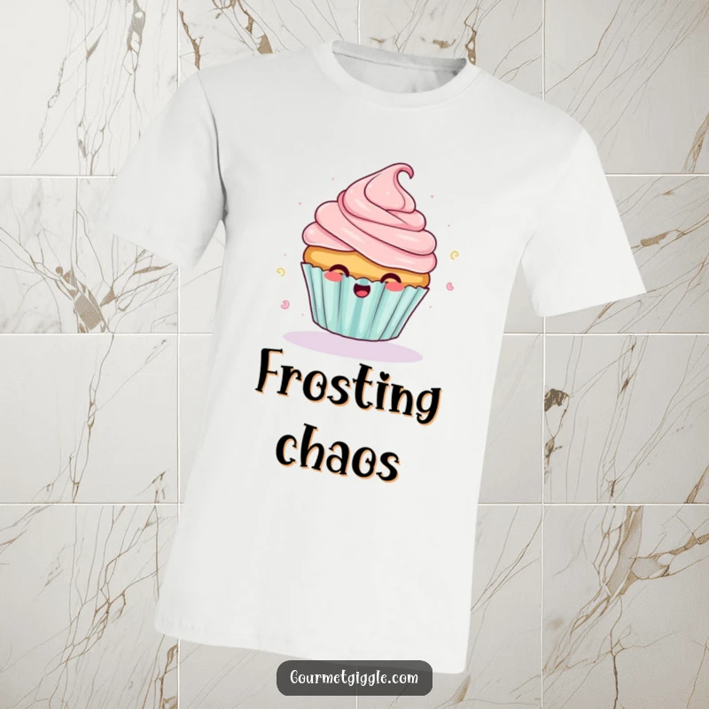Funny giggling cupcake t-shirt with frosting flying off mid-spin, a delightfully humorous and sweet addition to any outfit.