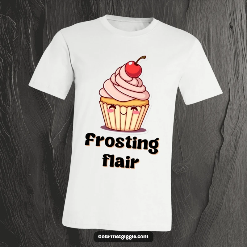 Funny t-shirt showcasing a cheerful cupcake with frosting and a cherry tipping its hat, great for expressing cheerfulness.
