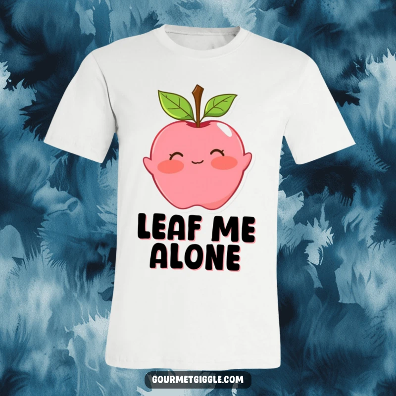 Funny apple t-shirt featuring a blushing fruit with leaf hair, doing a playful curtsy. Charming and whimsical apparel.