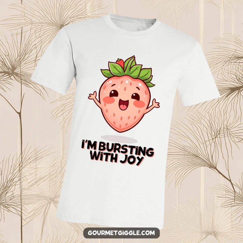 Funny excited strawberry with a leafy crown, depicted bouncing with mirth on a fun and vibrant t-shirt.