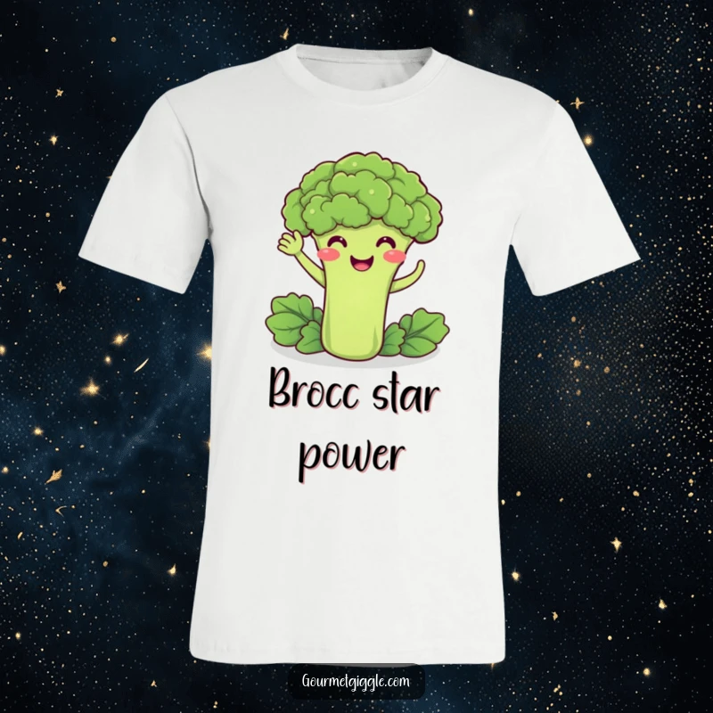 Funny t-shirt showcasing a delighted broccoli smiling and doing a cheerful little wave, a symbol of healthy happiness.