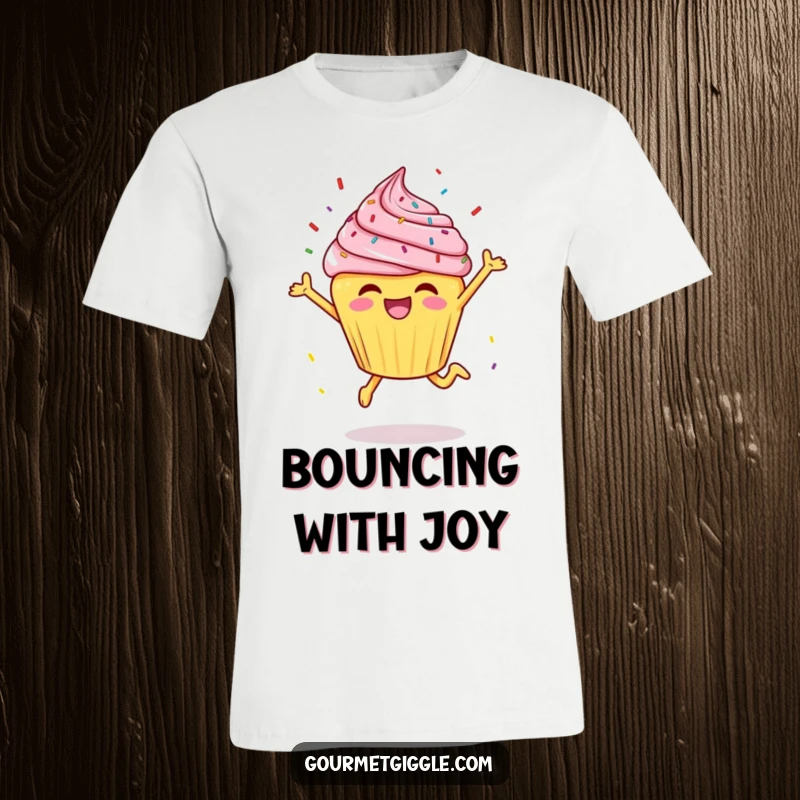 Funny cheerful cupcake mid-leap with sprinkles flying, radiating pure joy on this fun t-shirt.