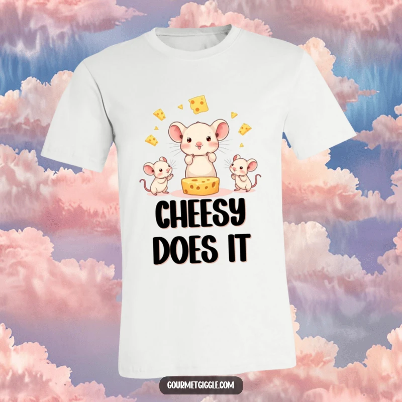 Funny Cheese Juggling Mice T-Shirt: A beaming block of cheese expertly juggles adorable mice, embodying playful mischief and pure joy.