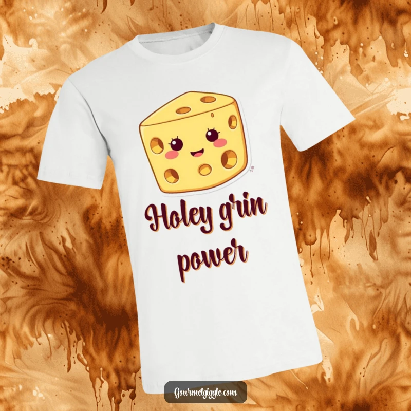 Funny cheese t-shirt showcasing a happy character with a wide grin and holes, perfect for casual wear and food enthusiasts.