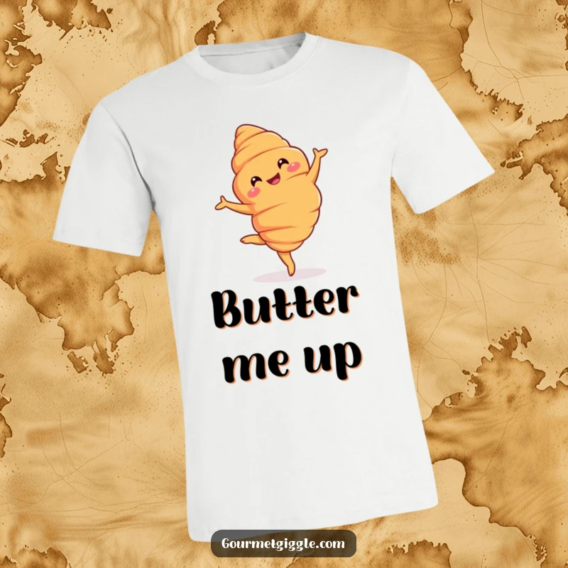 Funny T-Shirt: A grinning croissant executing a flawless pirouette, showcasing buttery layers and balletic grace.