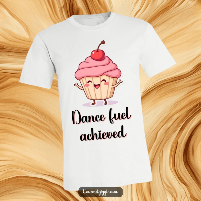Funny Cupcake T-Shirt showcasing a happy cupcake with a cherry doing a joyful dance, perfect for spreading smiles.
