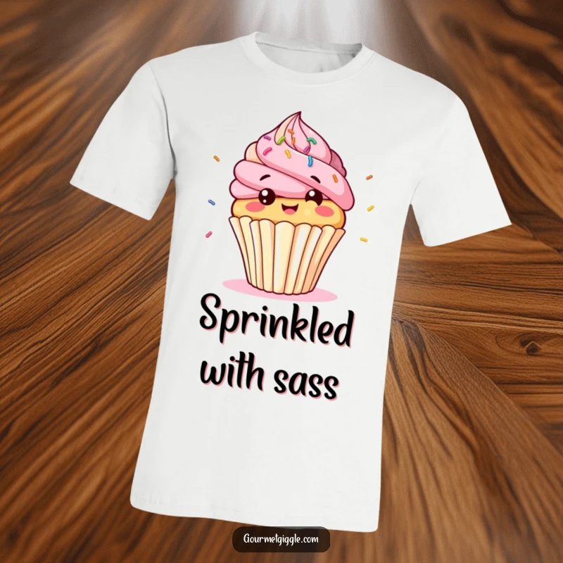 Funny cupcake character t-shirt, a giggling, bobbing cupcake with bouncing sprinkles, radiating pure dessert delight.