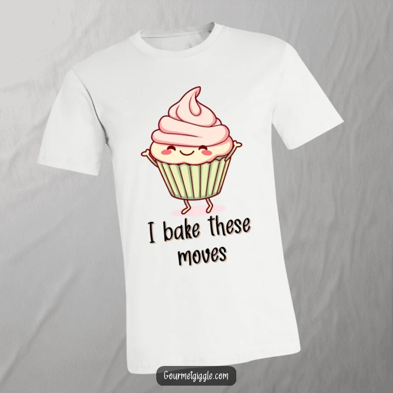 Funny T-Shirt showcasing a cheerful cupcake joyfully doing a jig, with frosting flying, embodying pure celebration.