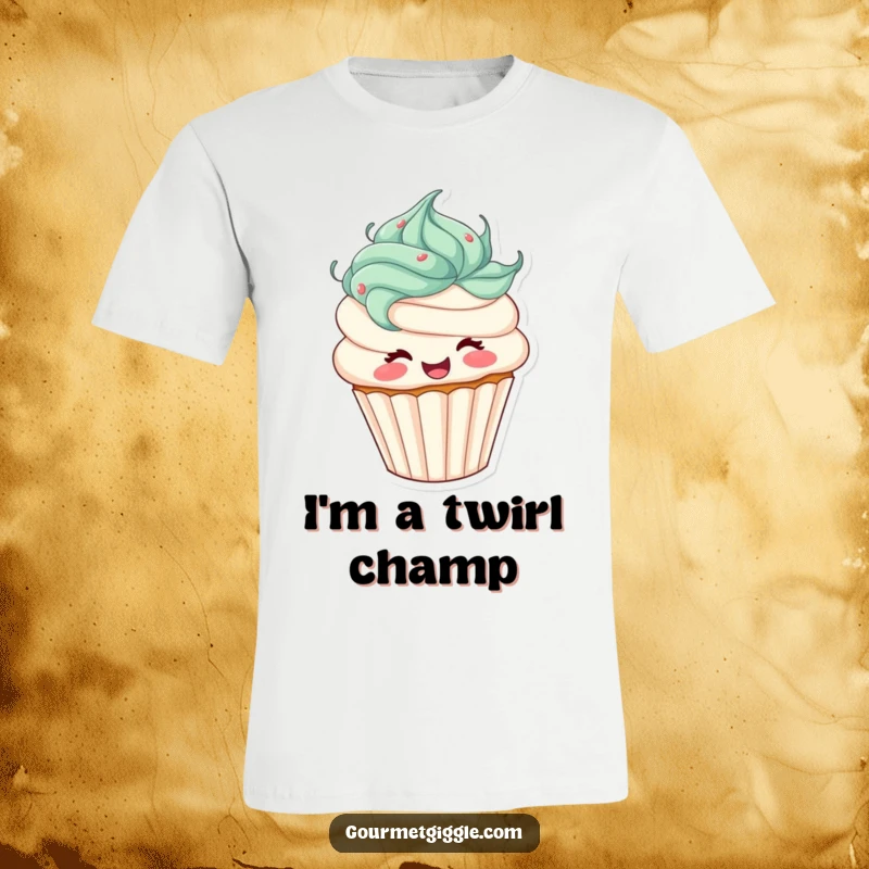 Funny cupcake t-shirt featuring a joyful character with frosting hair energetically spinning, adorned with colorful sprinkles. A vibrant, fun, and whimsical design.