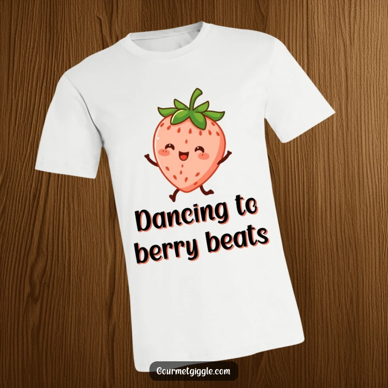Funny t-shirt featuring a cheerful strawberry character with tiny legs, caught mid-dance, exuding bubbly energy and fun.