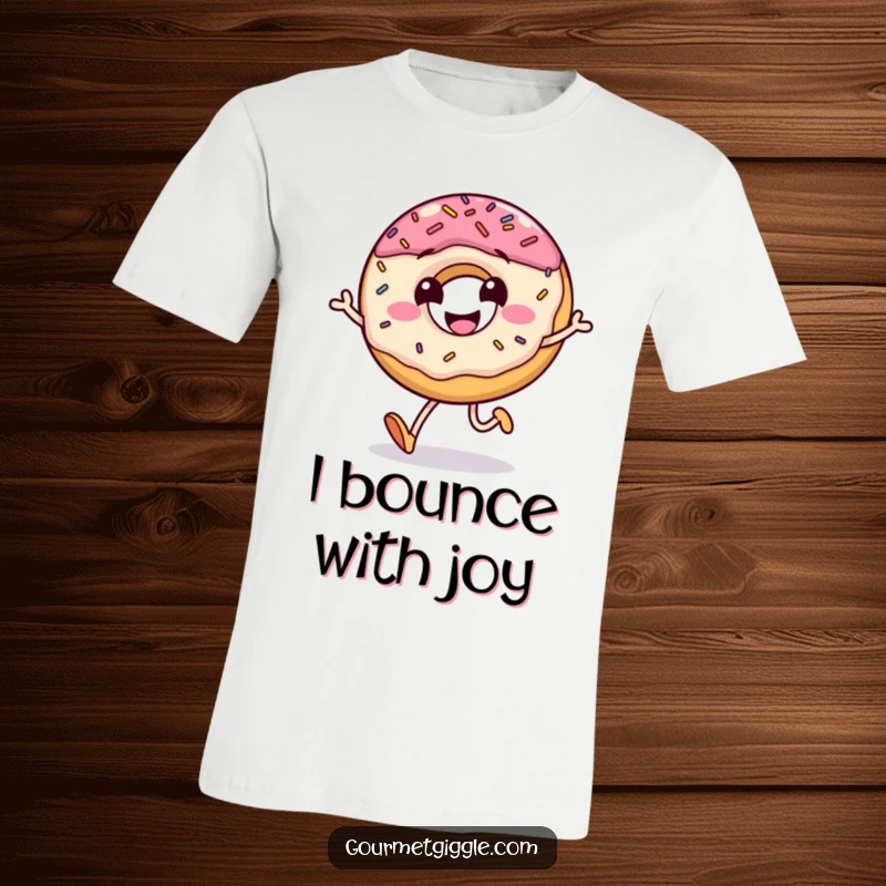 Funny t-shirt with a grinning donut character doing a little jump, its sprinkles scattering joyfully, a celebration of sweet fun.