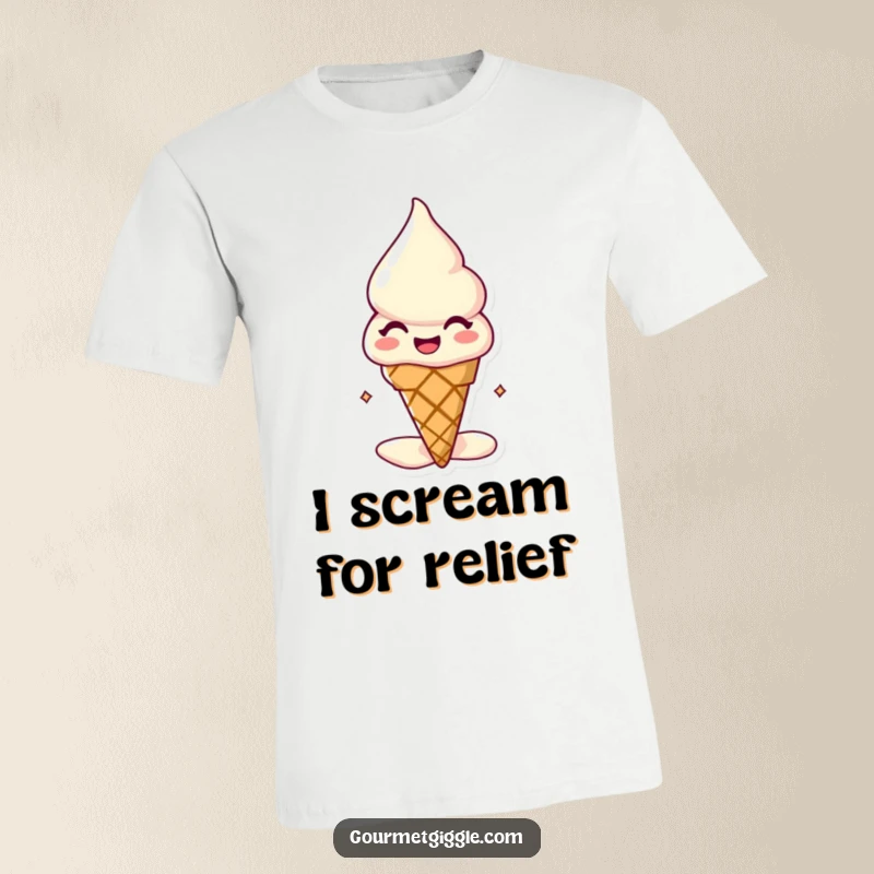 Funny melting ice cream cone t-shirt, a cheerful dessert with a blissful expression, caught mid-melt, radiating pure, sugary happiness.