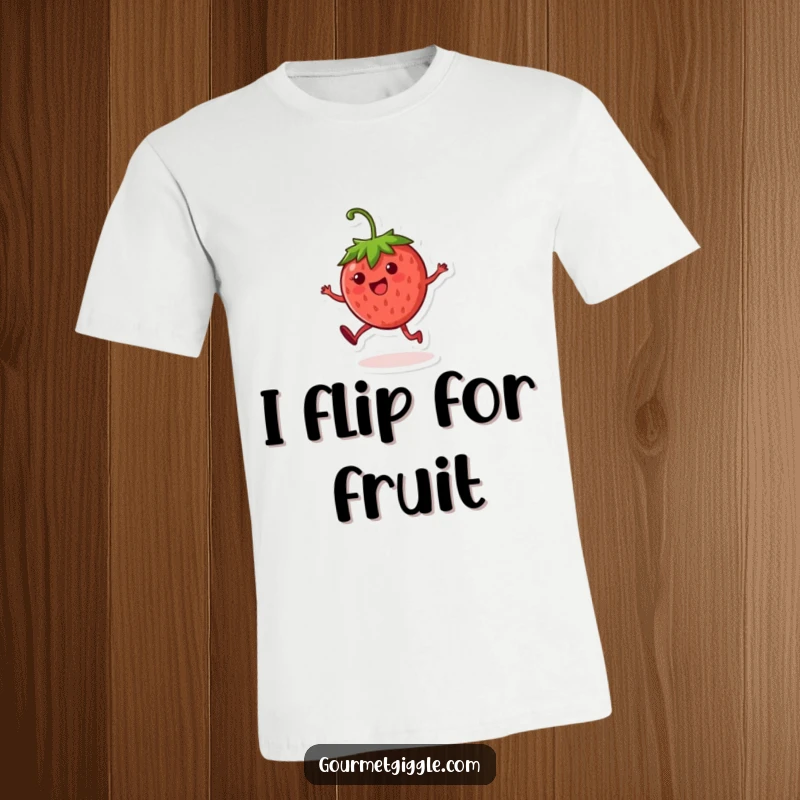 Funny strawberry character t-shirt showing a round, cheerful fruit mid-cartwheel, embodying pure joy and silliness.