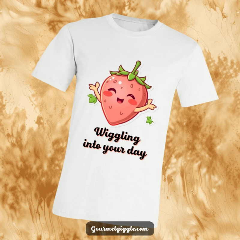 Smiling strawberry wiggling its leaves like arms, captured in a happy dance, a humorous and fun t-shirt graphic.