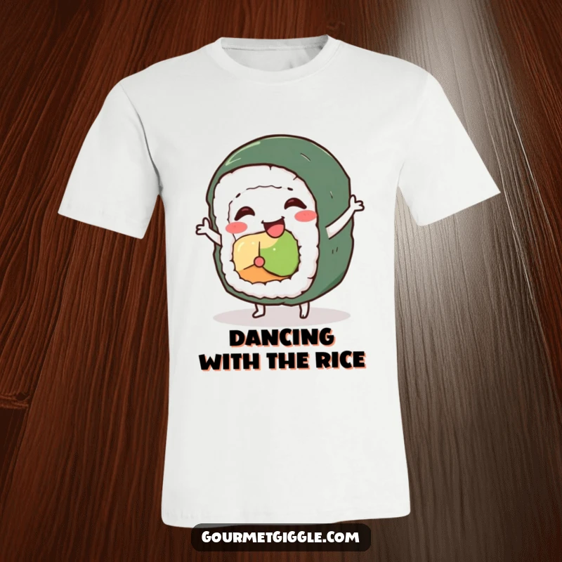 Funny sushi roll character t-shirt, a wobbly roll caught mid-silly dance, full of food-themed amusement.