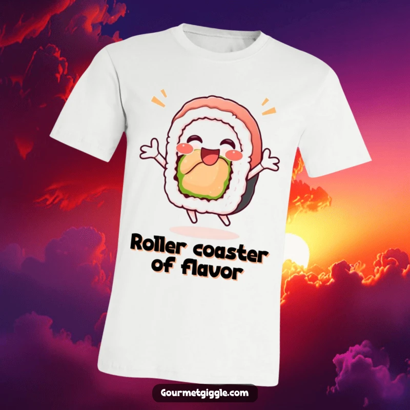 Funny sushi roll t-shirt featuring a delighted, happy-faced sushi roll in a celebratory jump, perfect for food and humor fans.