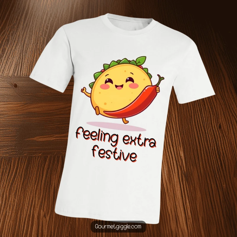 Funny t-shirt with a smiling taco kicking a dancing chili pepper, embodying playful food humor and a festive fiesta spirit.