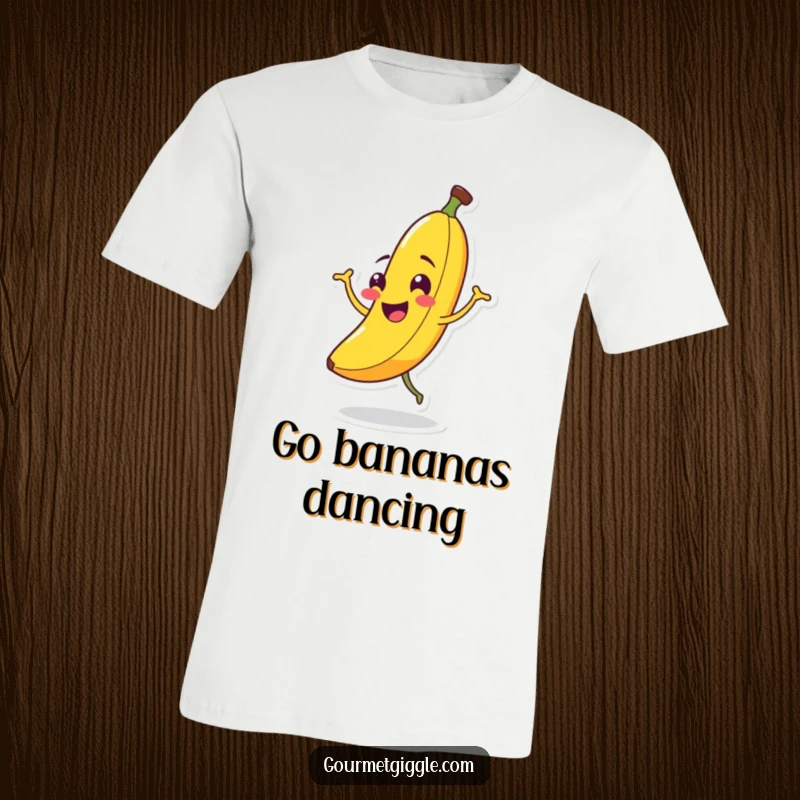 Funny Banana Jigging T-Shirt: A grinning banana is captured mid-jig, showcasing its hilarious dance moves and cheerful energy.
