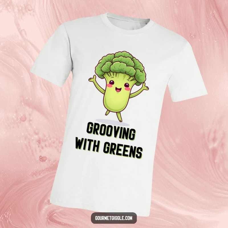 Funny t-shirt depicting a dancing broccoli floret with green arms, captured mid-sway, radiating pure health and happiness.