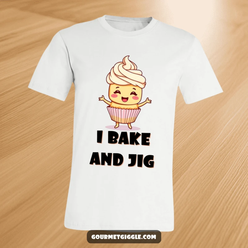 Funny cupcake t-shirt featuring a cheerful cupcake with frosting hair, energetically doing a little jig, full of delightful bounce.
