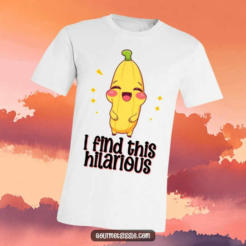 Funny t-shirt showing a beaming banana splitting with laughter, its peel wide open in a comical expression.