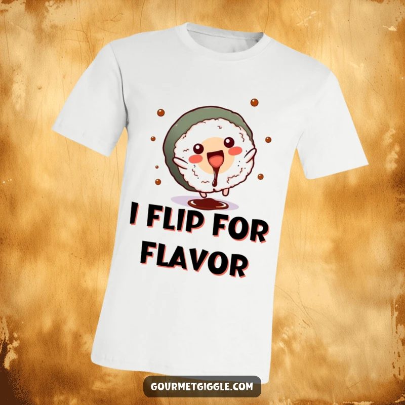 Funny sushi roll t-shirt, mid-cartwheel with soy sauce splash, conveying pure joy and silliness.