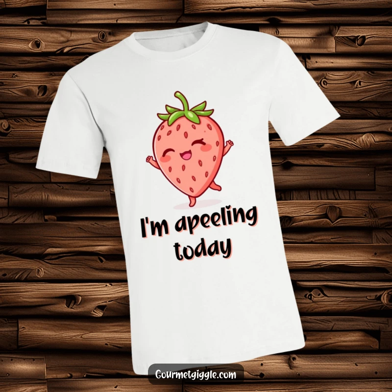 Funny winking strawberry t-shirt, caught mid-twirl with a cheeky wink, vibrant red fruit design, ideal for casual wear and humorous style.