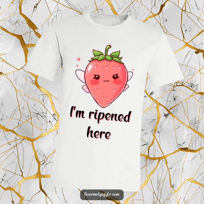 Funny blushing strawberry character with tiny fluttering wings on a t-shirt, showcasing a cute and sweet design for a funny gift.