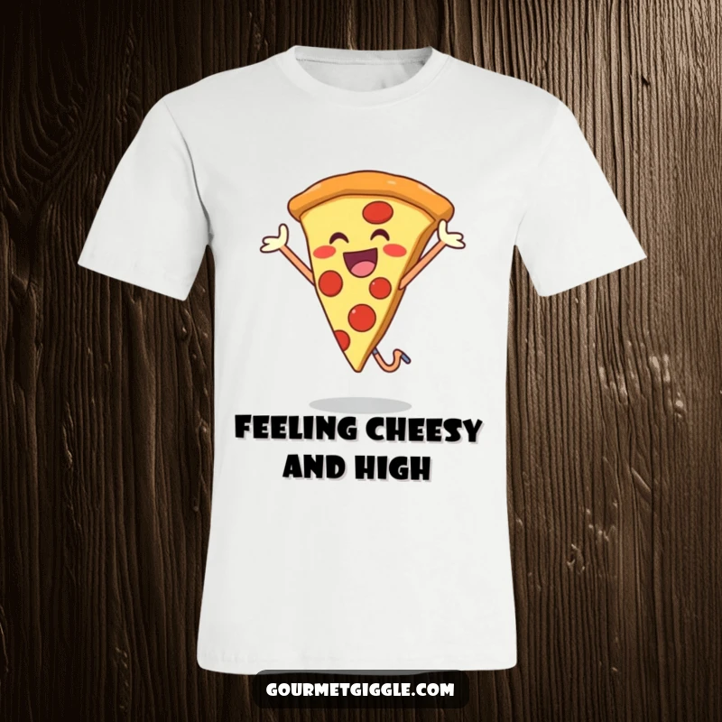 Funny t-shirt depicting a smiling slice of pizza performing an energetic, joyful jump, radiating pure happiness and deliciousness.
