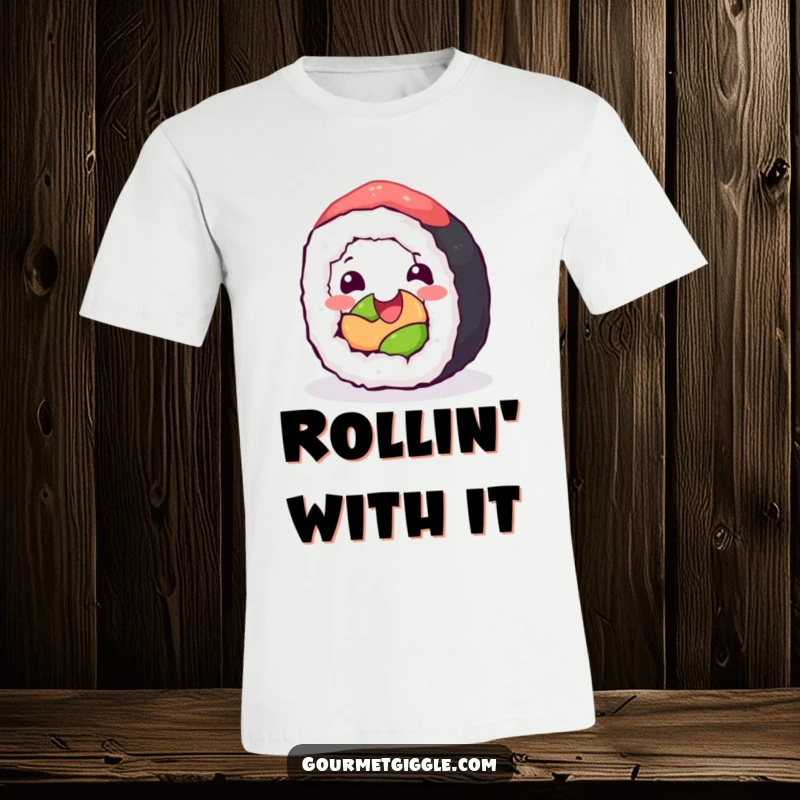Funny T-Shirt: A happy sushi roll energetically rolling with glee, showcasing its delicious ingredients with joyful momentum.