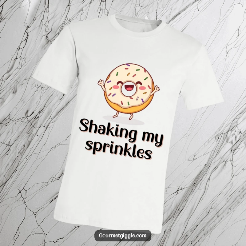 Funny donut t-shirt with sprinkles doing a joyful wiggle dance, radiating pure happiness and playful energy. A delicious character for all ages.