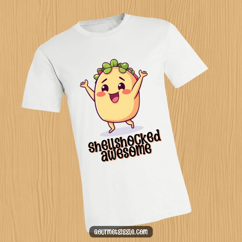 Funny T-Shirt: A delighted taco doing a silly little dance, showcasing its fillings with festive, energetic moves.