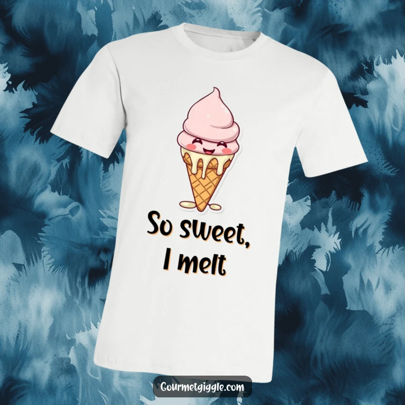 Funny T-Shirt featuring a cartoon ice cream cone with a wide giggle and melting drips, symbolizing sweet fun.