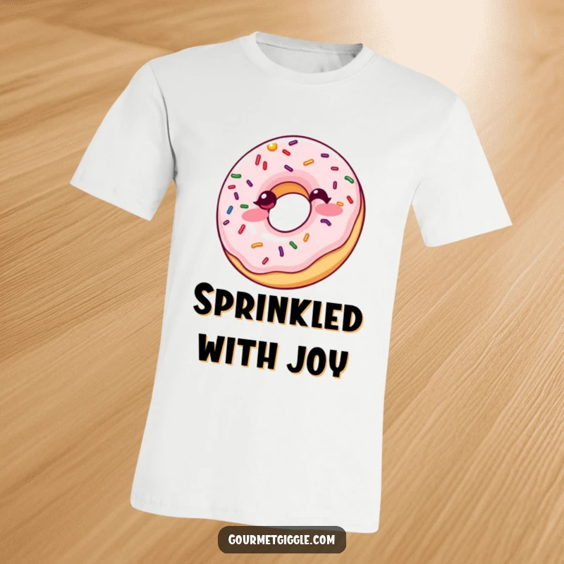 Funny Giggling Donut T-Shirt: A cute donut with sprinkles bouncing enthusiastically, radiating pure joy and infectious laughter.