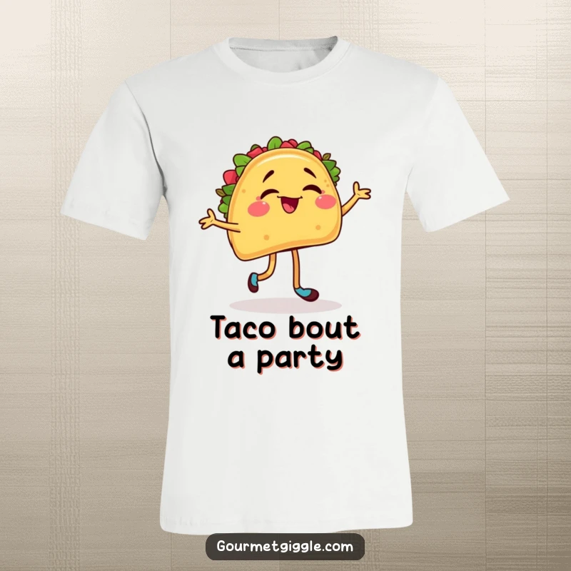 Funny t-shirt featuring a winking taco enthusiastically engaged in salsa dancing, its legs kicking with vibrant energy.