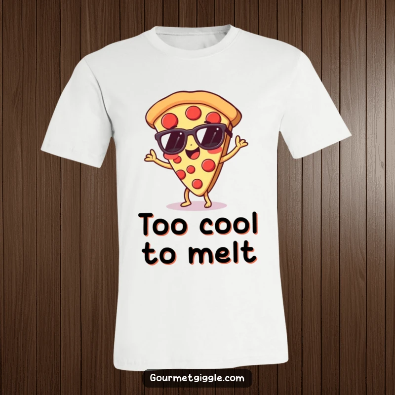 Funny pizza t-shirt featuring a slice in tiny sunglasses, doing a cool dance move with joy.