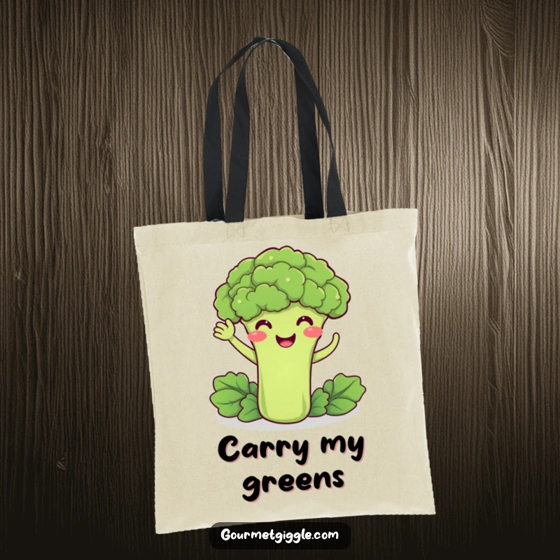 Funny tote bag with a delighted broccoli smiling and doing a friendly wave, perfect for stylish and humorous shopping.