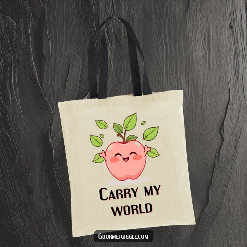 Funny Apple Juggling Leaves Tote Bag: A smiling apple tosses its leaves, making this a humorous and eco-friendly accessory for daily use.