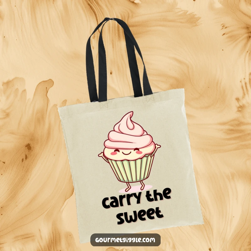 Funny Tote Bag featuring a cheerful cupcake doing a little jig, perfect for carrying groceries or daily items.